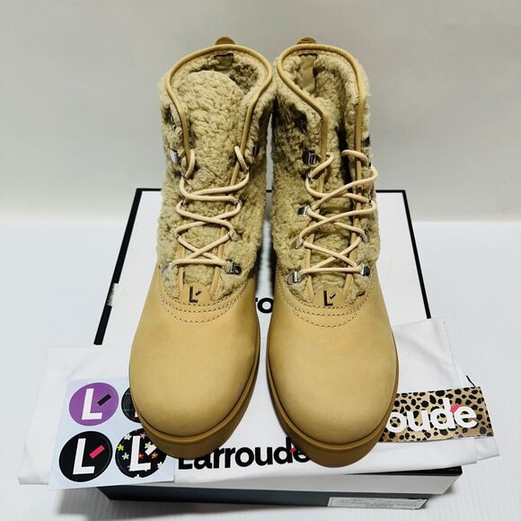 Larroude Vail US 11 Snow Boots Sand Nubuck Leather Faux Fur Waterproof NIB $415 - Picture 9 of 15